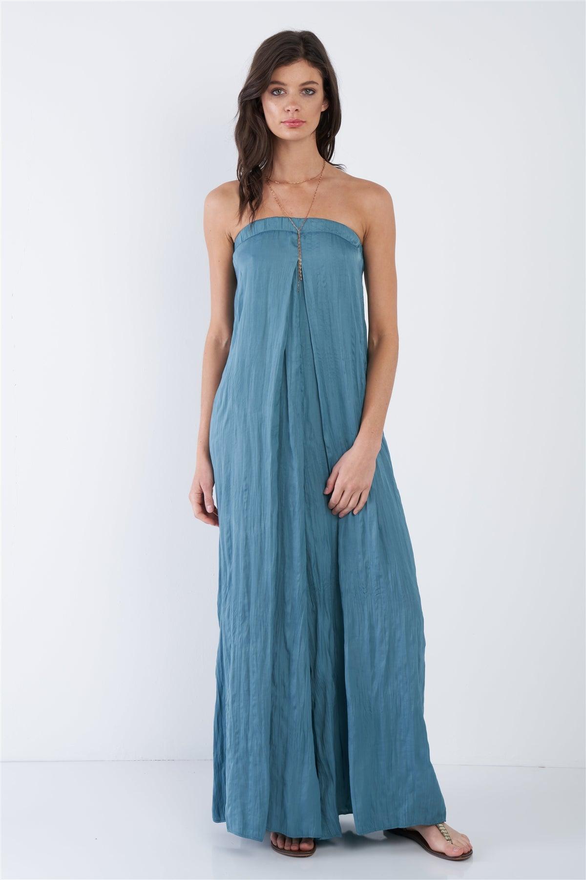 Satin Misty Teal Blue Sleeveless Wide Leg Relaxed Fit Jumpsuit  /3-2-1