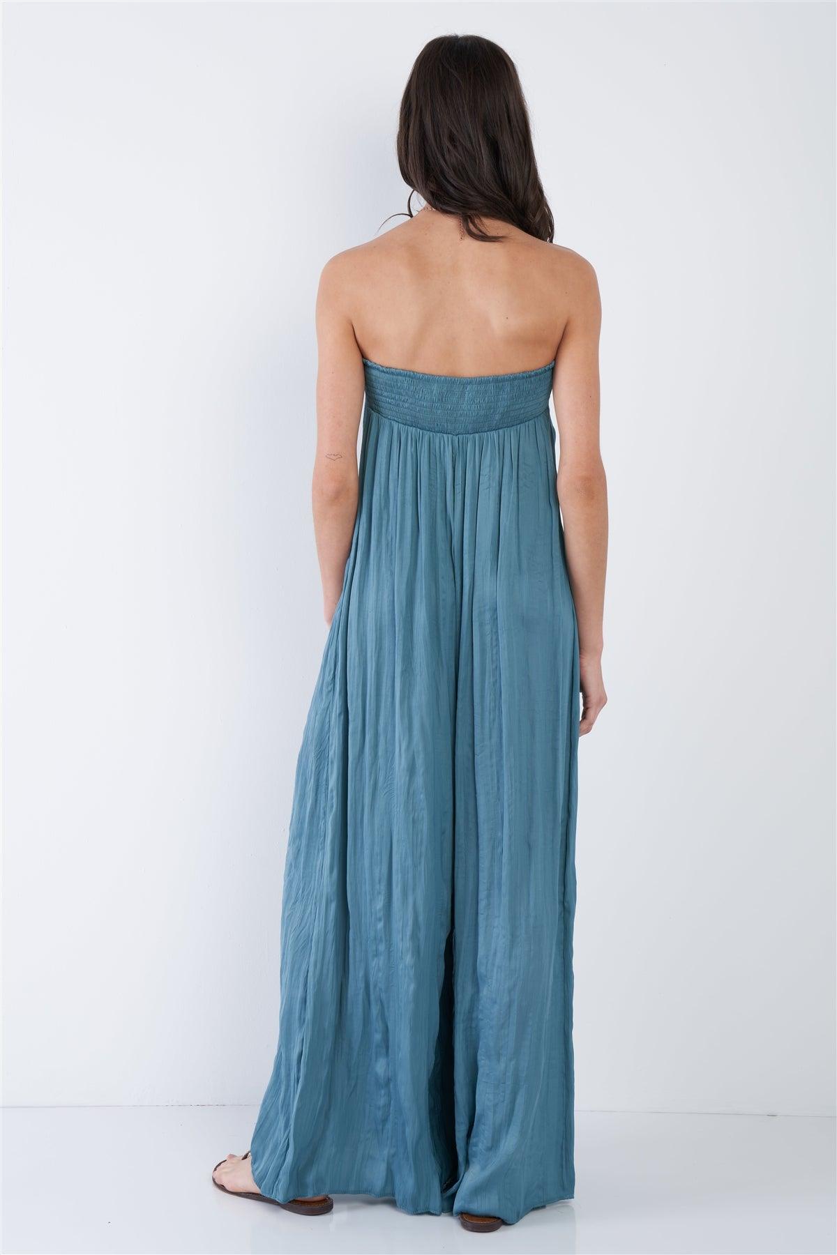 Satin Misty Teal Blue Sleeveless Wide Leg Relaxed Fit Jumpsuit  /3-2-1