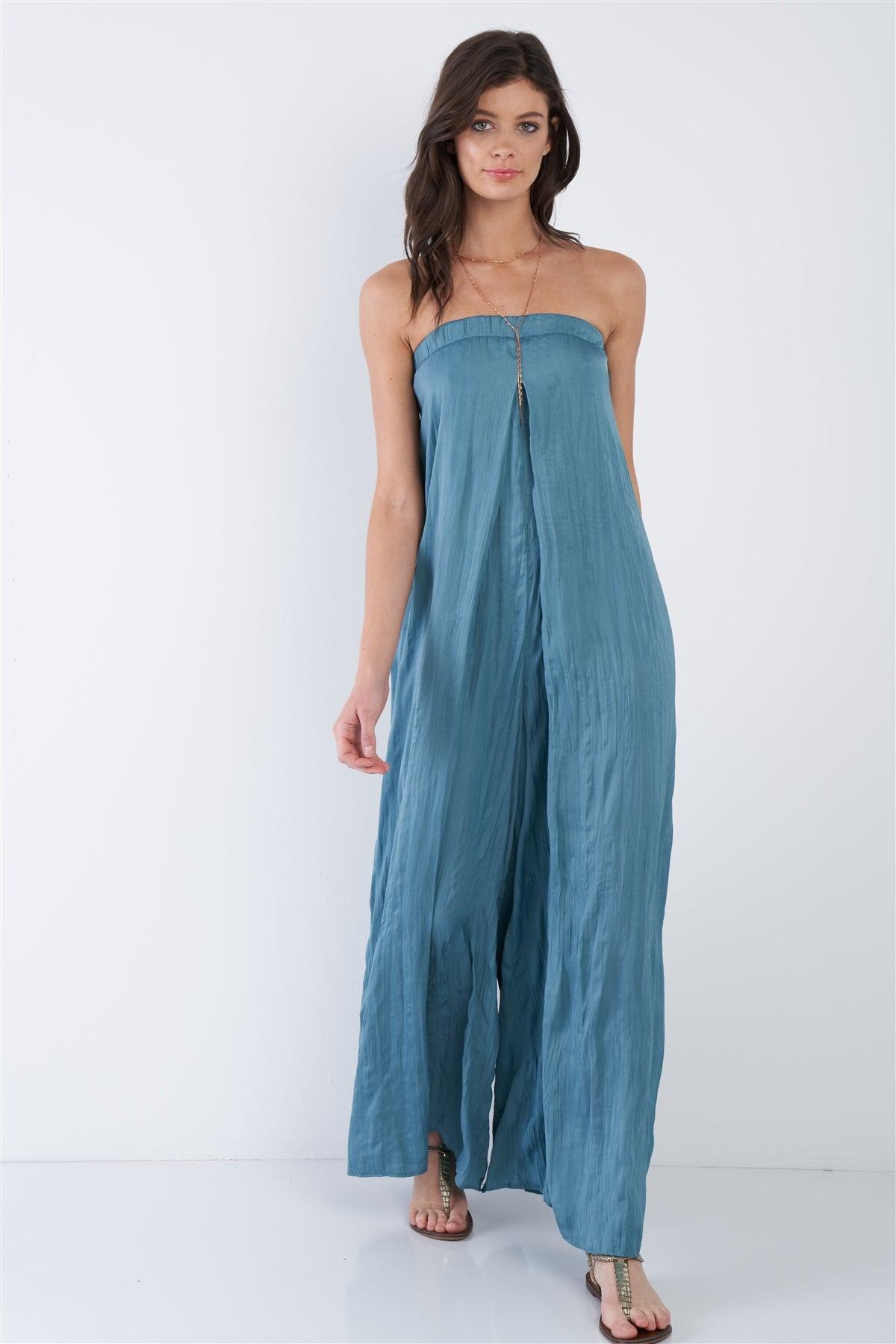 Satin Misty Teal Blue Sleeveless Wide Leg Relaxed Fit Jumpsuit  /3-2-1