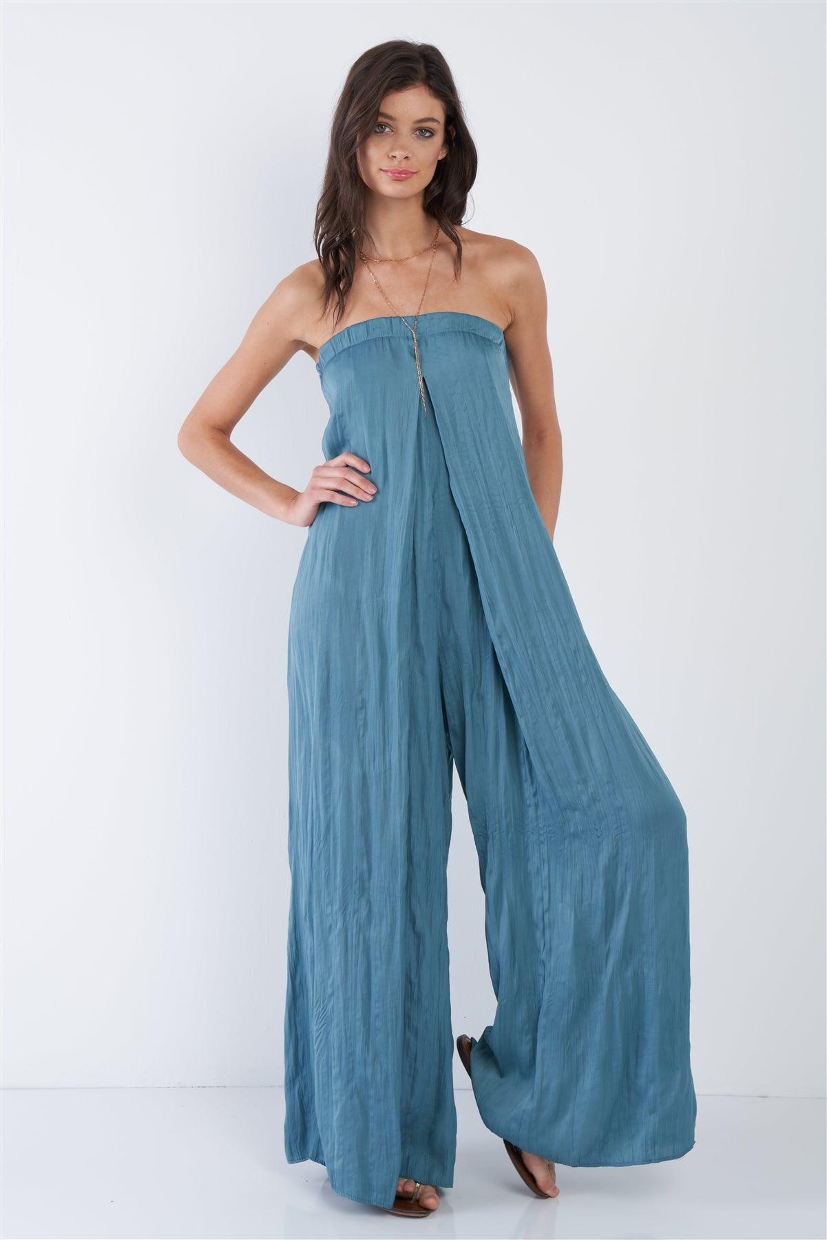 Satin Misty Teal Blue Sleeveless Wide Leg Relaxed Fit Jumpsuit  /3-2-1