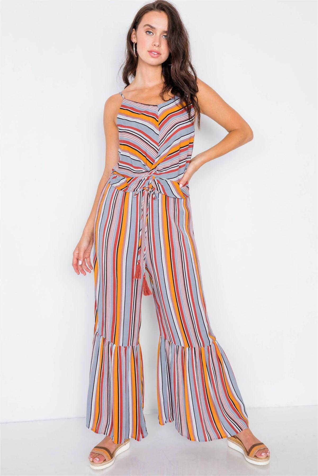 Mustard Multi Print Front Knot Cami & Flare Ankle Pant Set /3-2-1