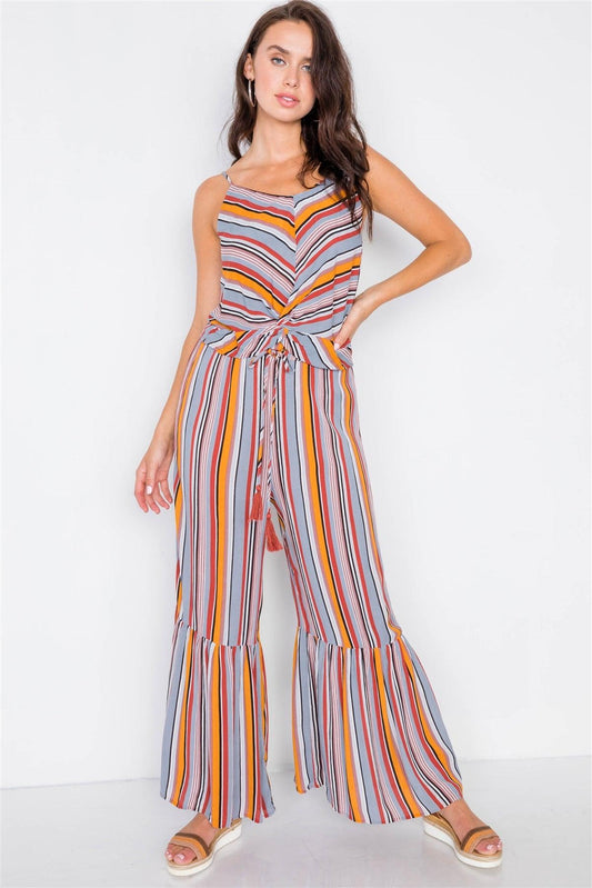 Mustard Multi Print Front Knot Cami & Flare Ankle Pant Set /3-2-1