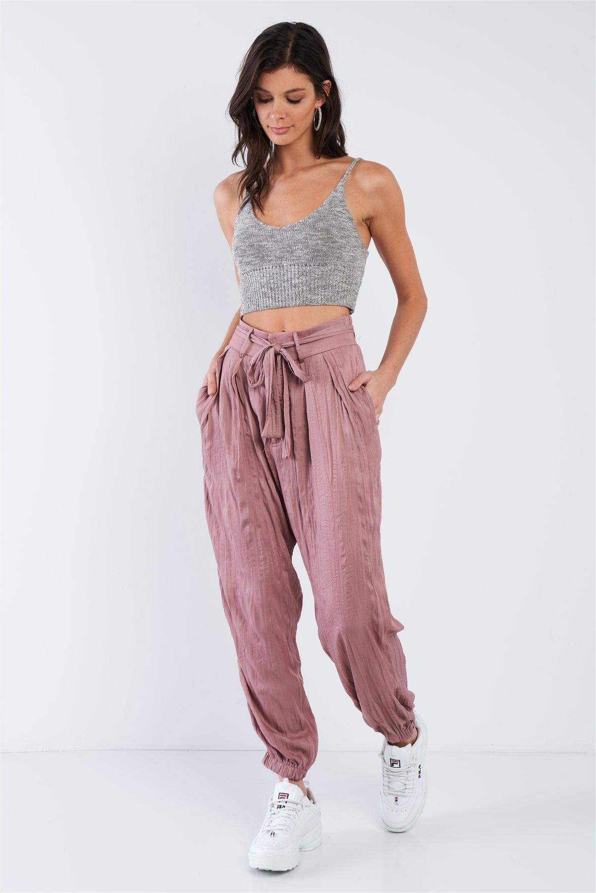 Wood Rose Pink Crushed Satin Cinched Ankle Cuff Self Tie Waist Sash Pants /3-2-1