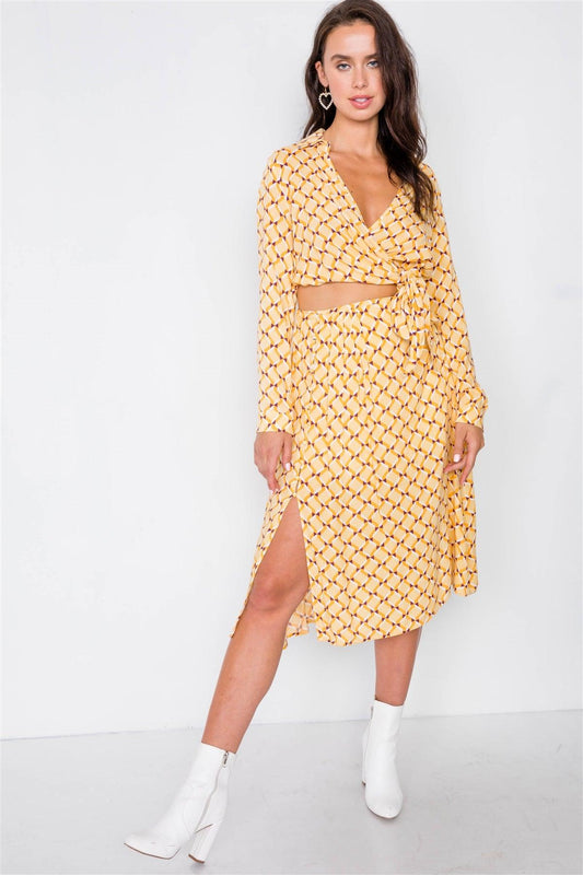 Mustard Geo Print Wrap Crop Top & Pleated Midi Skirt Set /3-2-1