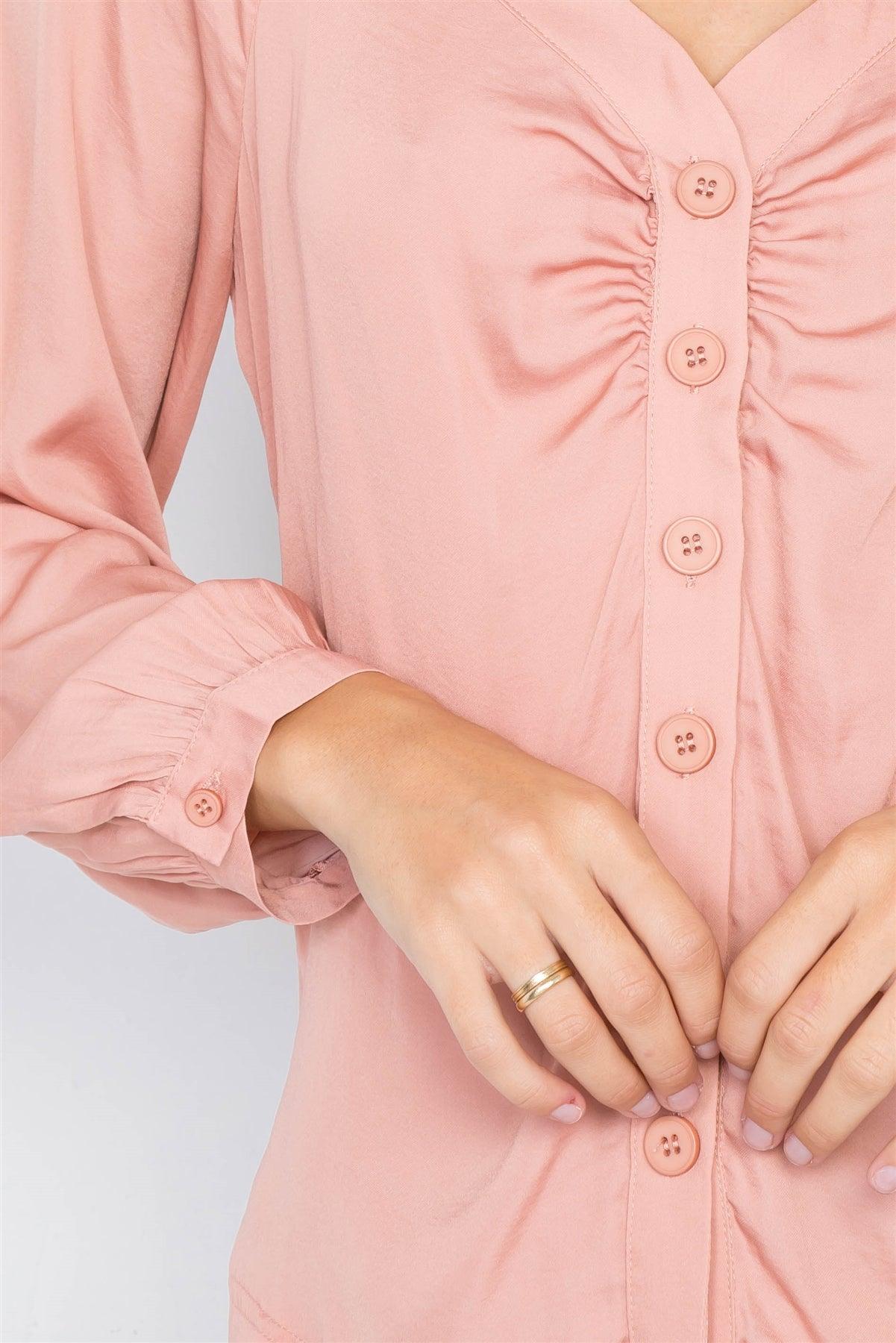 Baked Peach Cinched Shoulders Long Sleeve Satin Top /3-2-1