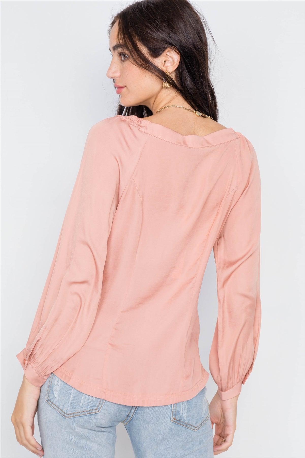 Baked Peach Cinched Shoulders Long Sleeve Satin Top /3-2-1