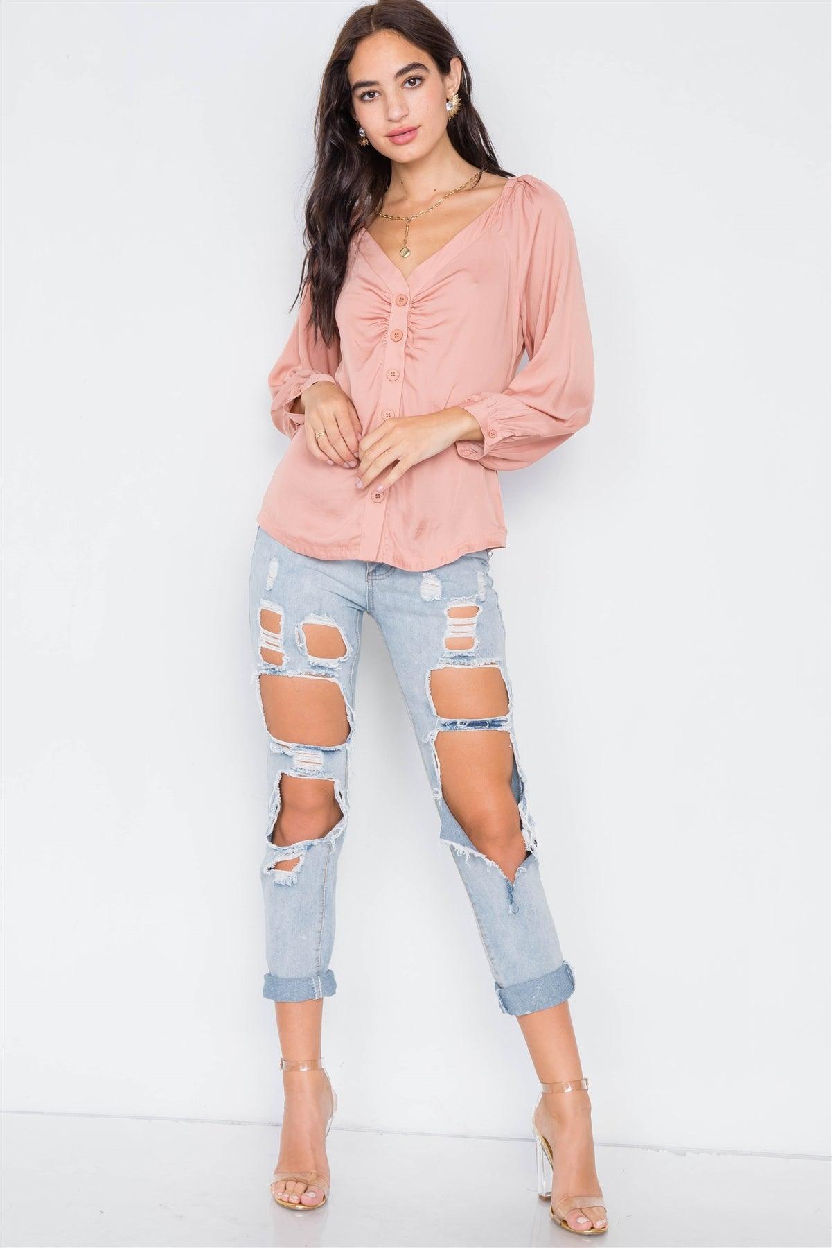 Baked Peach Cinched Shoulders Long Sleeve Satin Top /3-2-1