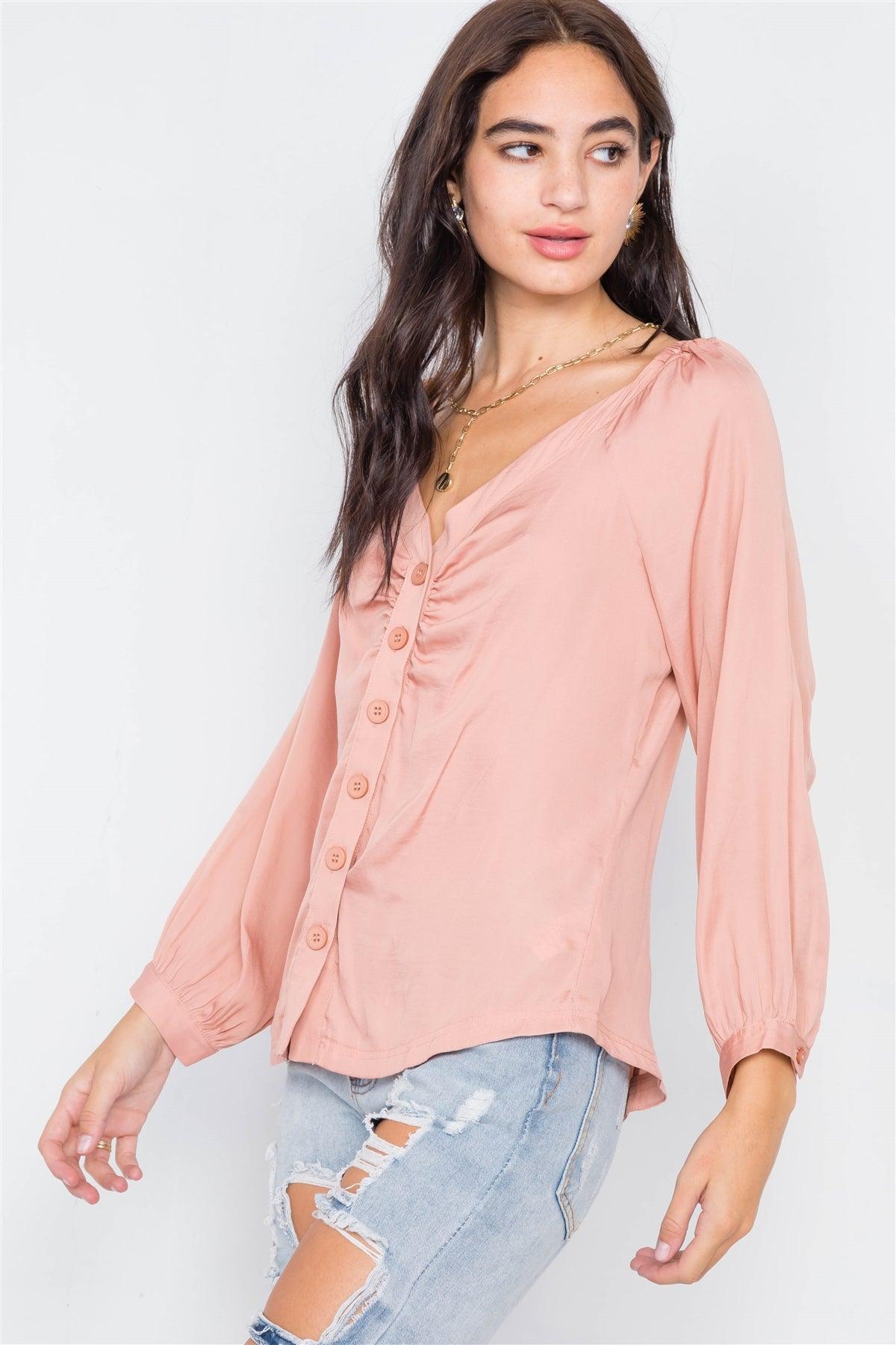 Baked Peach Cinched Shoulders Long Sleeve Satin Top /3-2-1