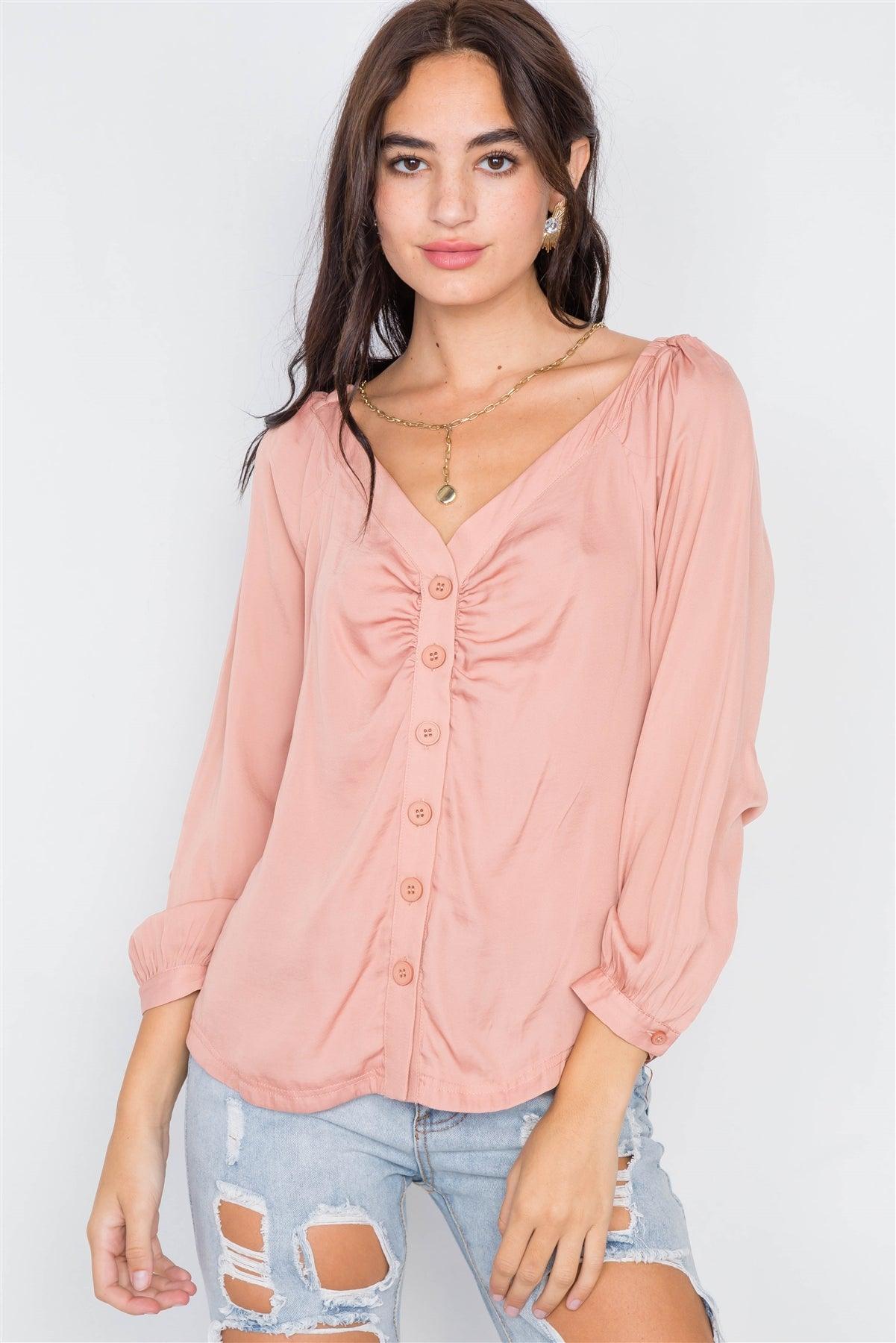 Baked Peach Cinched Shoulders Long Sleeve Satin Top /3-2-1