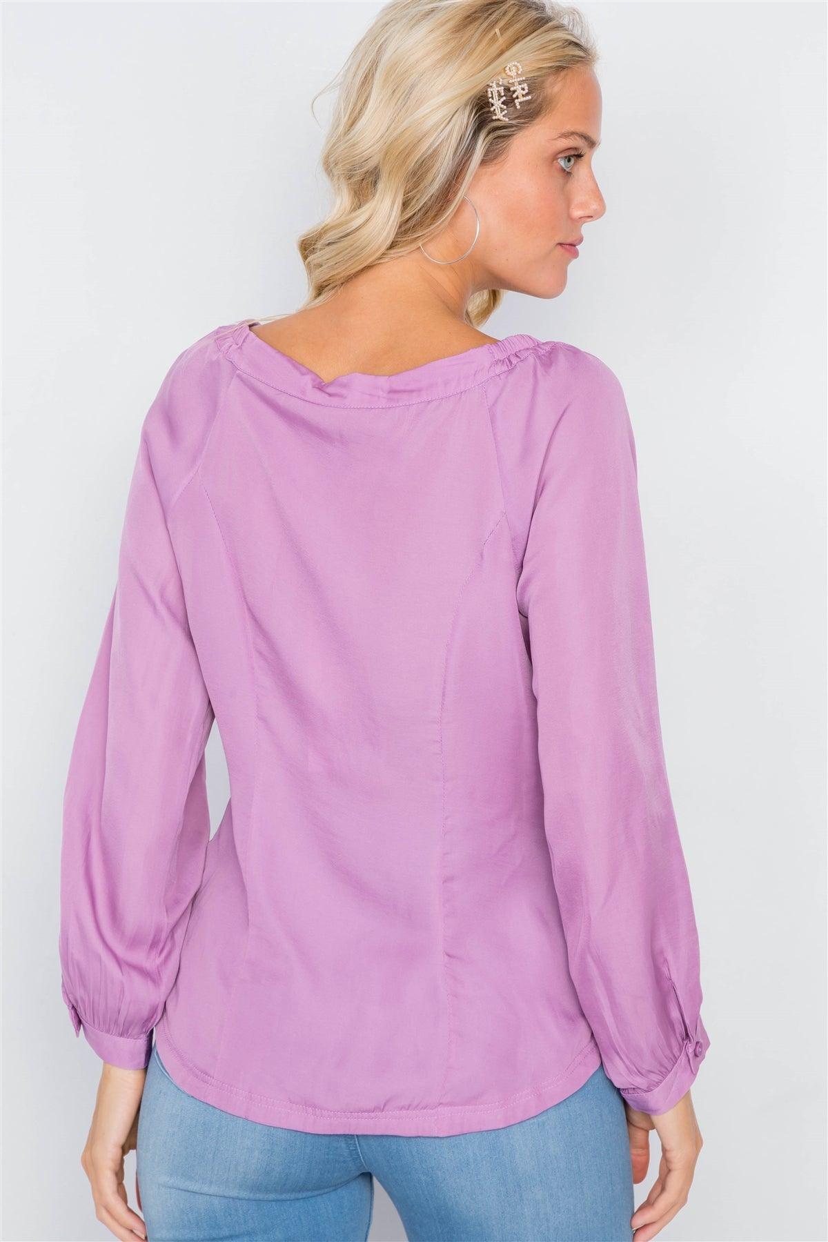 Lilac Cinched Shoulders Long Sleeve Satin Top /3-2-1