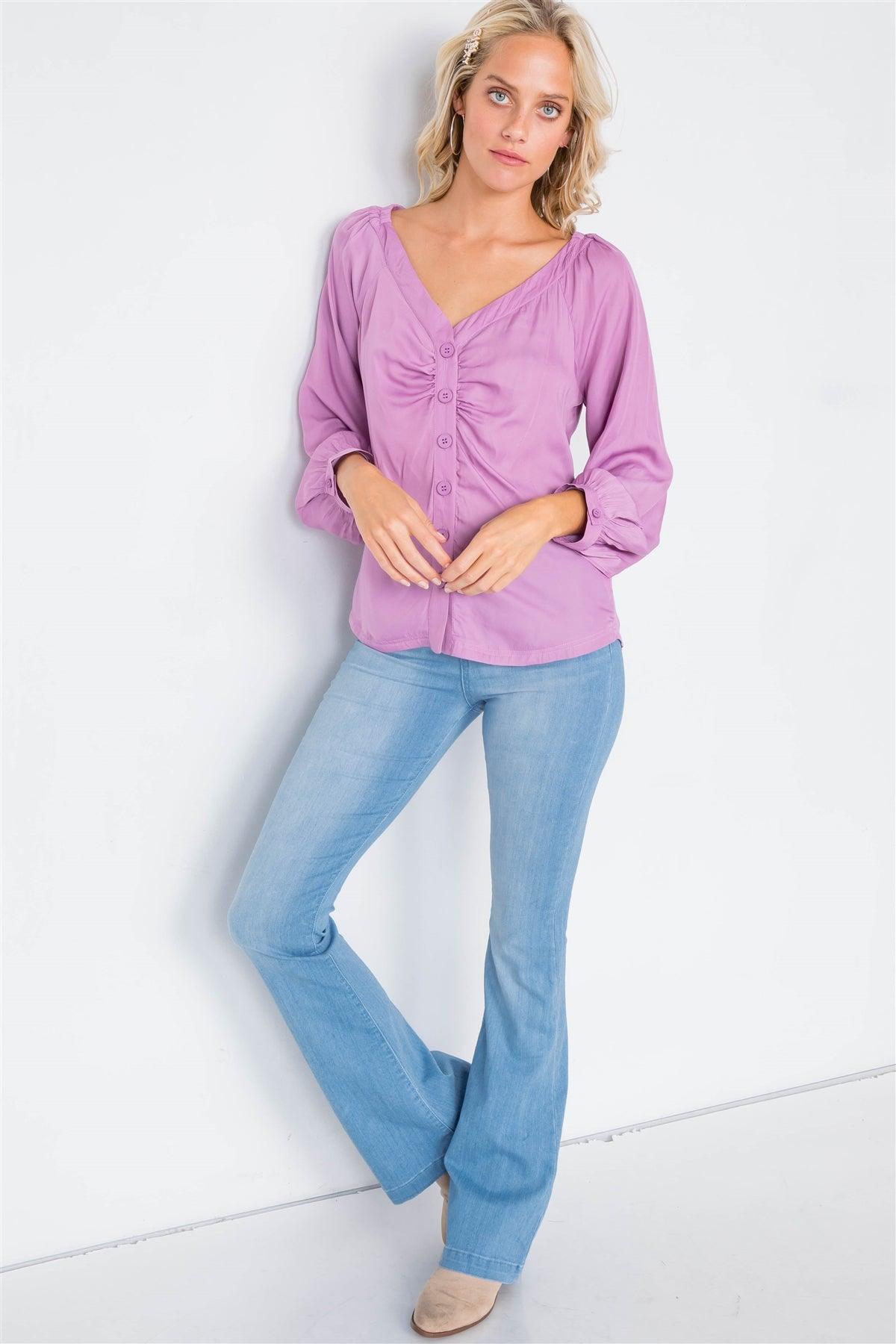 Lilac Cinched Shoulders Long Sleeve Satin Top /3-2-1