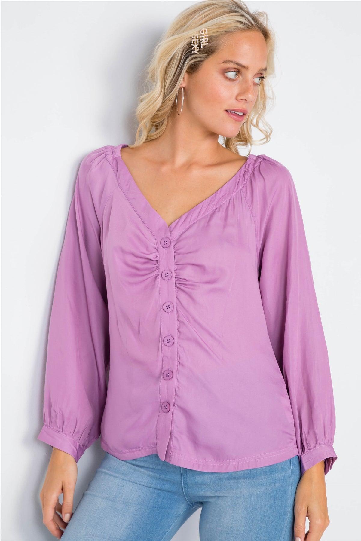 Lilac Cinched Shoulders Long Sleeve Satin Top /3-2-1