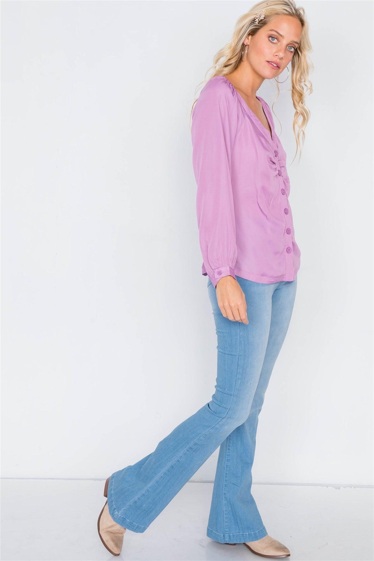 Lilac Cinched Shoulders Long Sleeve Satin Top /3-2-1