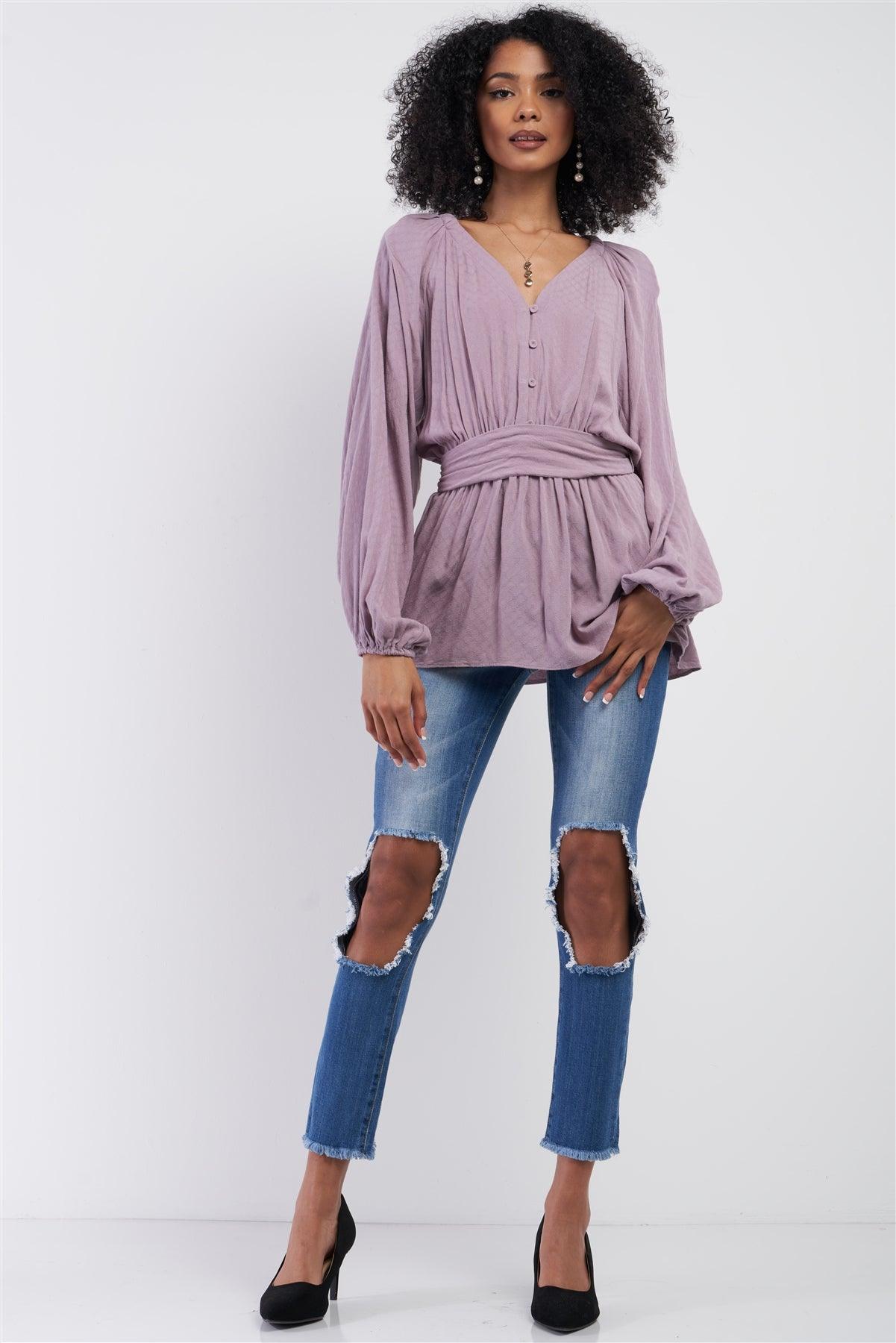 Lilac V-Neck Button Down Long Sleeve Self-Tie Waistline Detail Gathered Frill Trim Detail Top /3-2-1