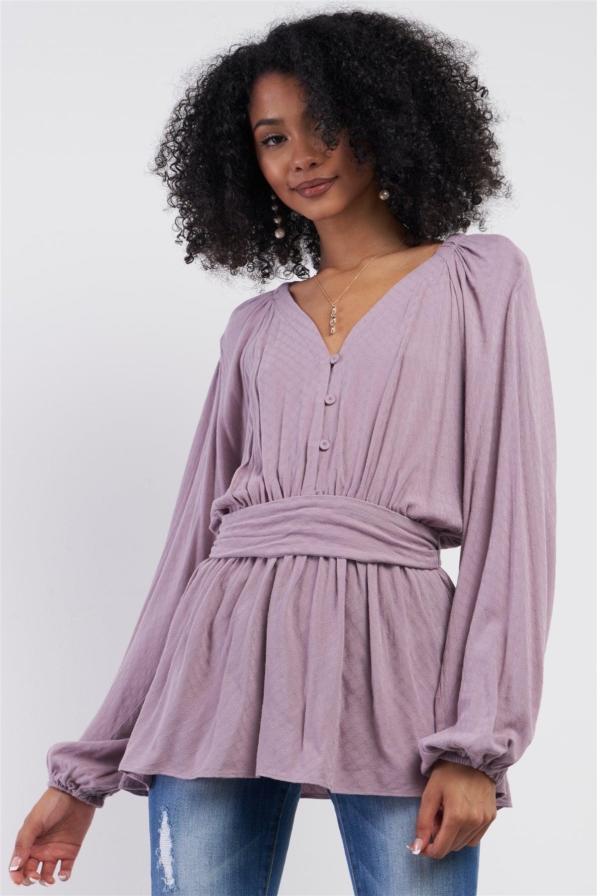 Lilac V-Neck Button Down Long Sleeve Self-Tie Waistline Detail Gathered Frill Trim Detail Top /3-2-1