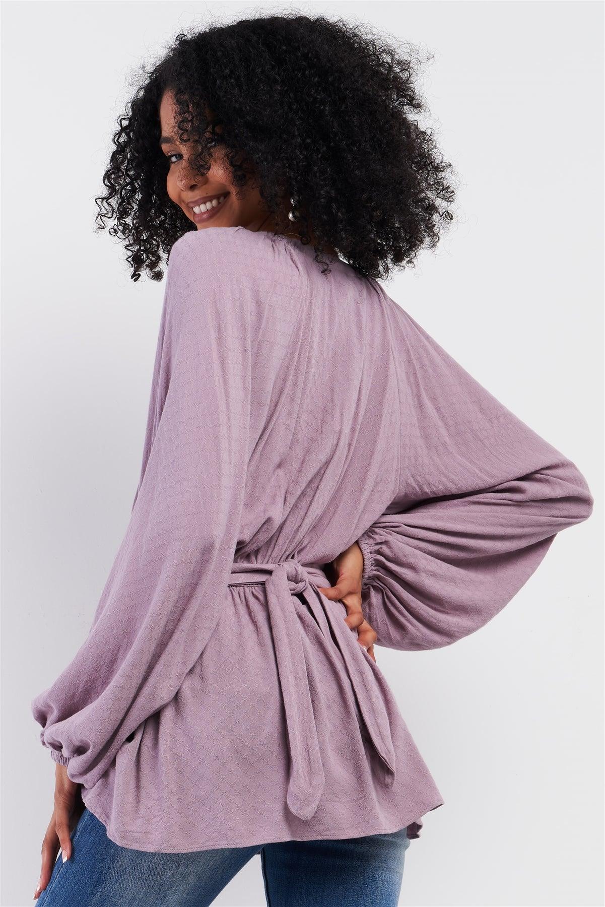 Lilac V-Neck Button Down Long Sleeve Self-Tie Waistline Detail Gathered Frill Trim Detail Top /3-2-1