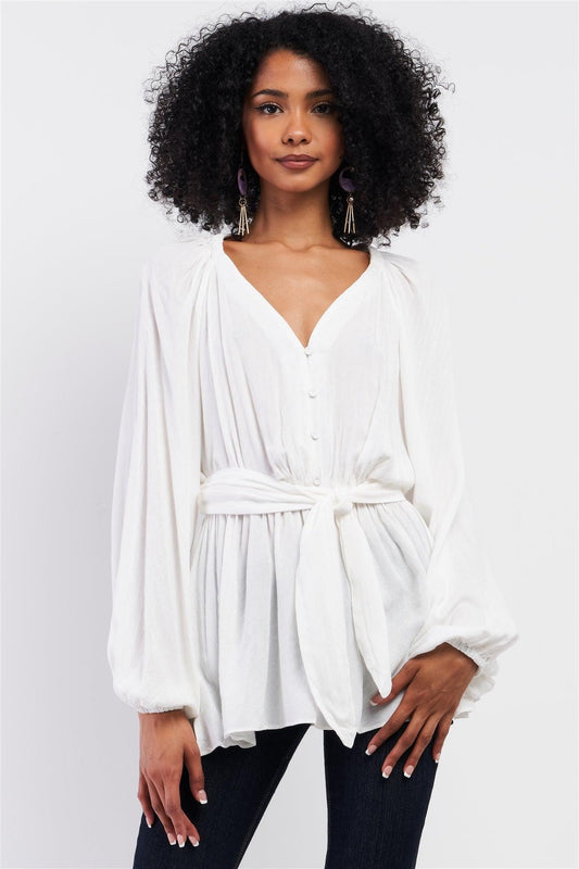 White V-Neck Button Down Long Sleeve Self-Tie Waistline Detail Gathered Frill Trim Detail Top /3-2-1