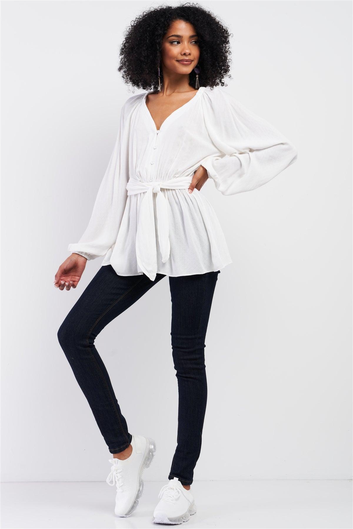 White V-Neck Button Down Long Sleeve Self-Tie Waistline Detail Gathered Frill Trim Detail Top /3-2-1