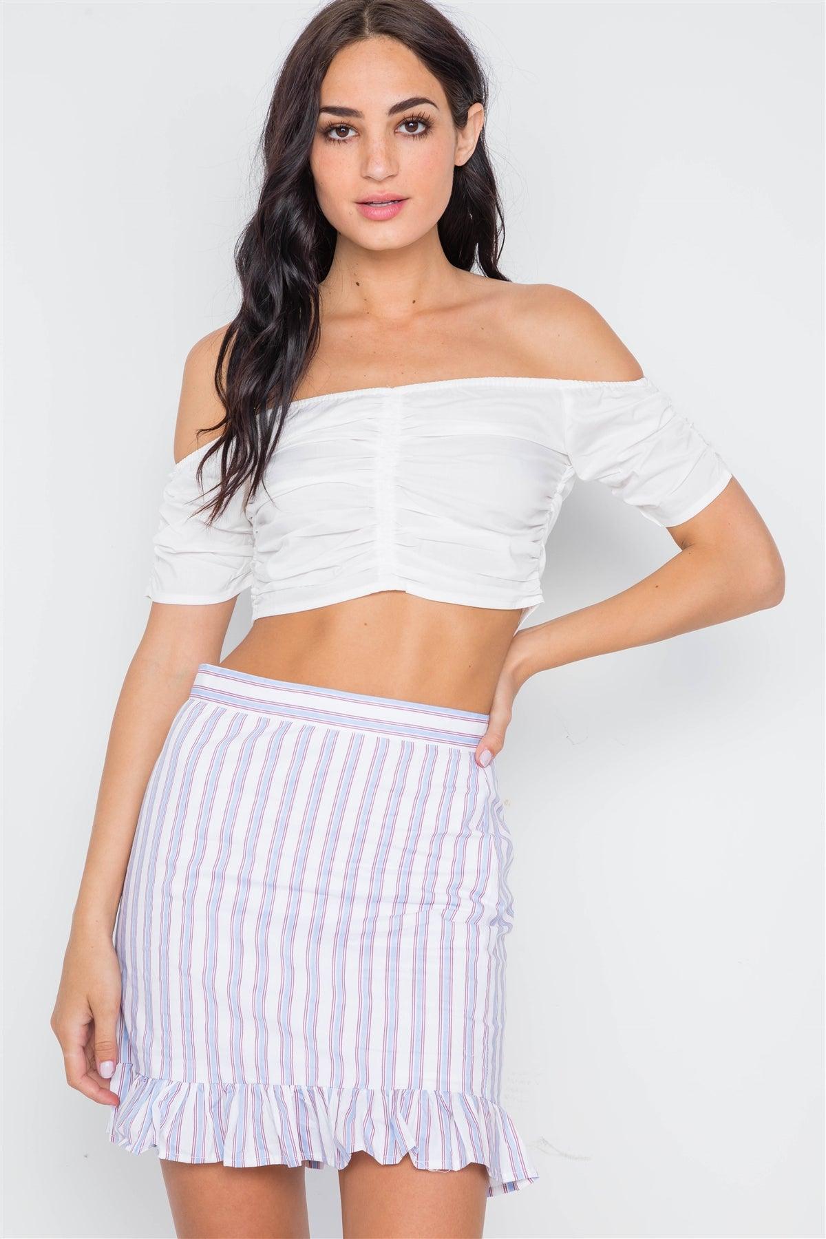 Blue Red Stripe High Waist Ruffle Hem Mini Skirt /3-2-1