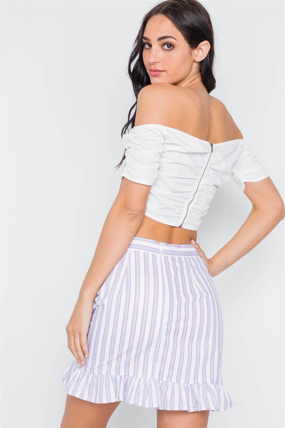 Blue Red Stripe High Waist Ruffle Hem Mini Skirt /3-2-1