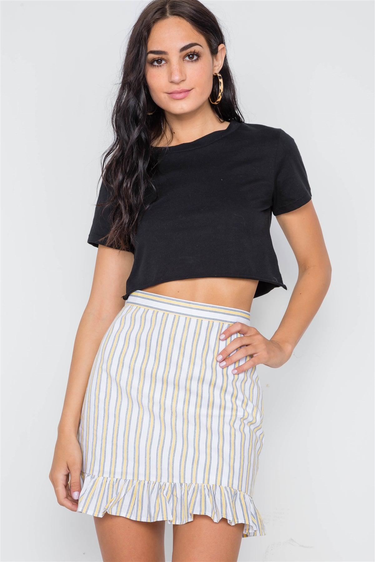 Yellow Navy Stripe High Waist Ruffle Hem Mini Skirt /3-2-1