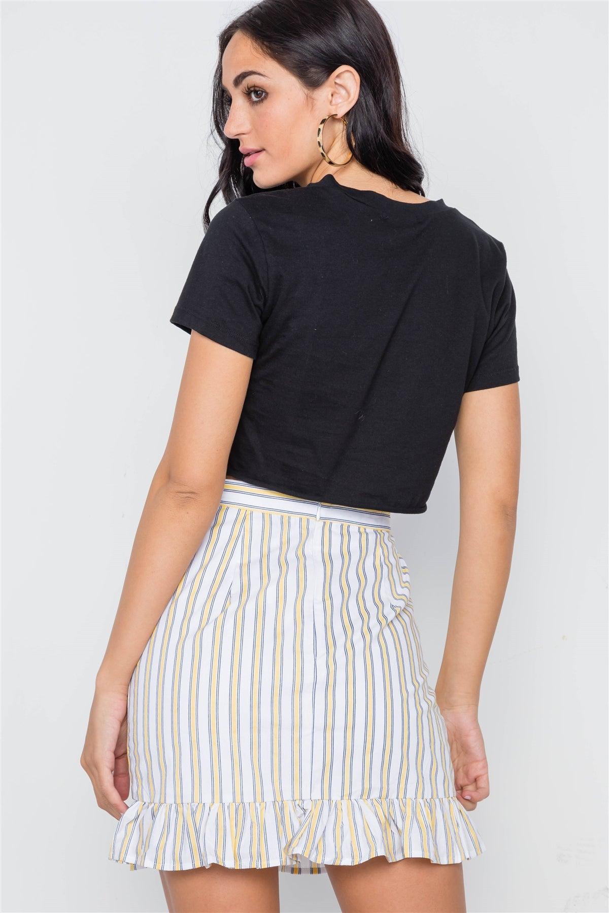 Yellow Navy Stripe High Waist Ruffle Hem Mini Skirt /3-2-1