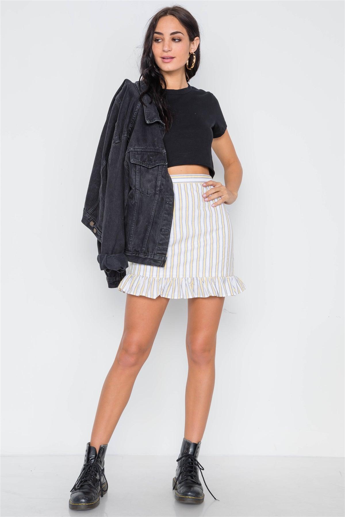 Yellow Navy Stripe High Waist Ruffle Hem Mini Skirt /3-2-1