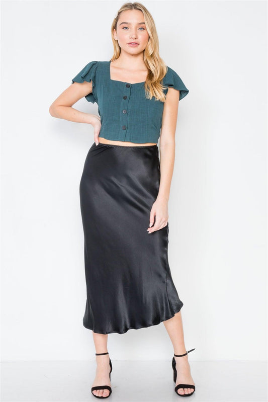 Black Satin High-Waist Midi Skirt /3-2-1