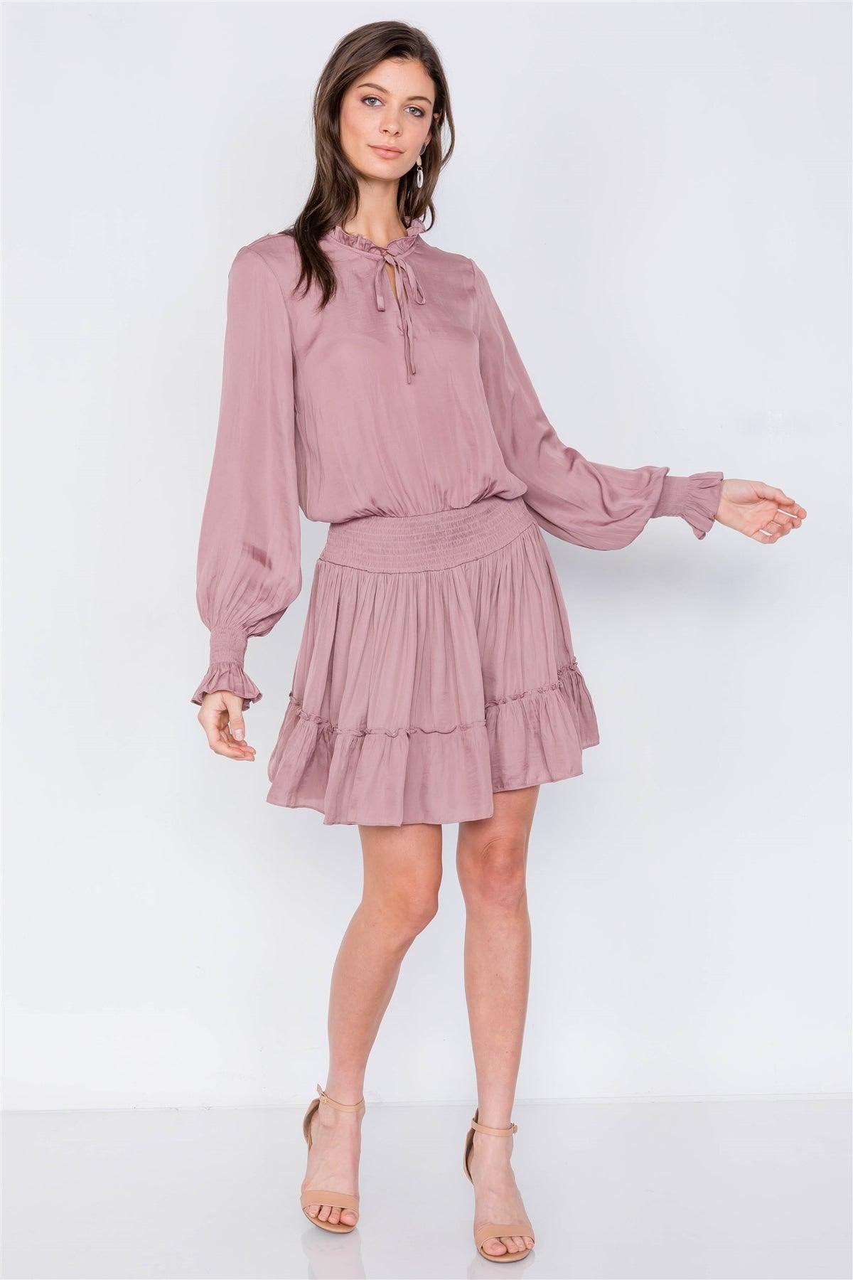 Dusty Mauve Satin Boho V-Neck Tie Flounce Trim Mini Dress /3-2-1