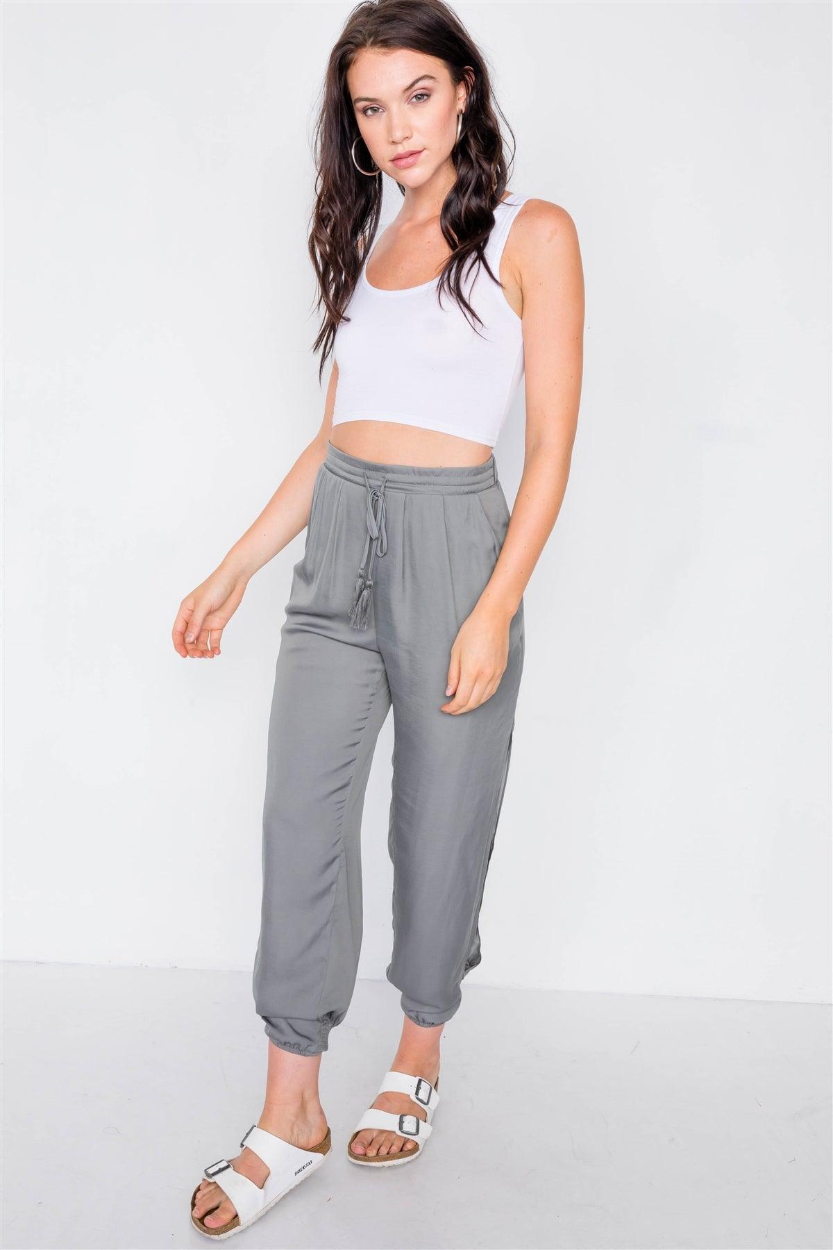 Ash Olive High Slit Satin Harem Ankle Pants /3-2-1