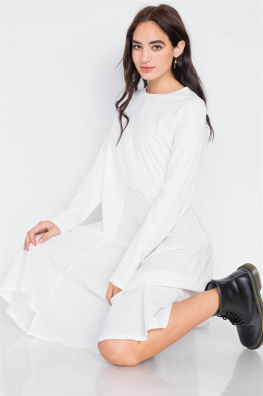 White Cotton Drop Shoulder Asymmetrical Midi Dress /3-2-1