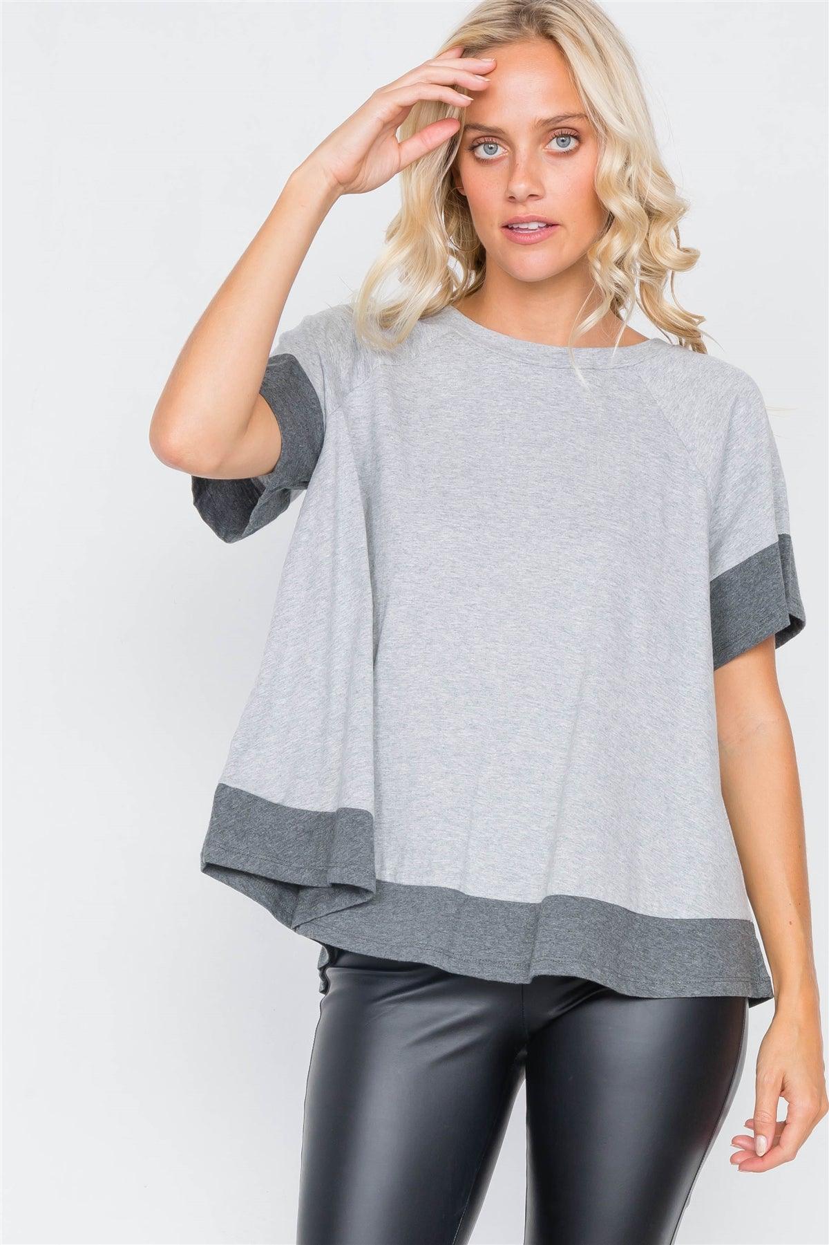 Grey Contrast Trim Flare Cotton Tee  /3-2-1