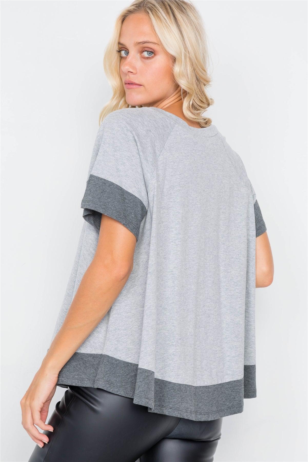 Grey Contrast Trim Flare Cotton Tee  /3-2-1