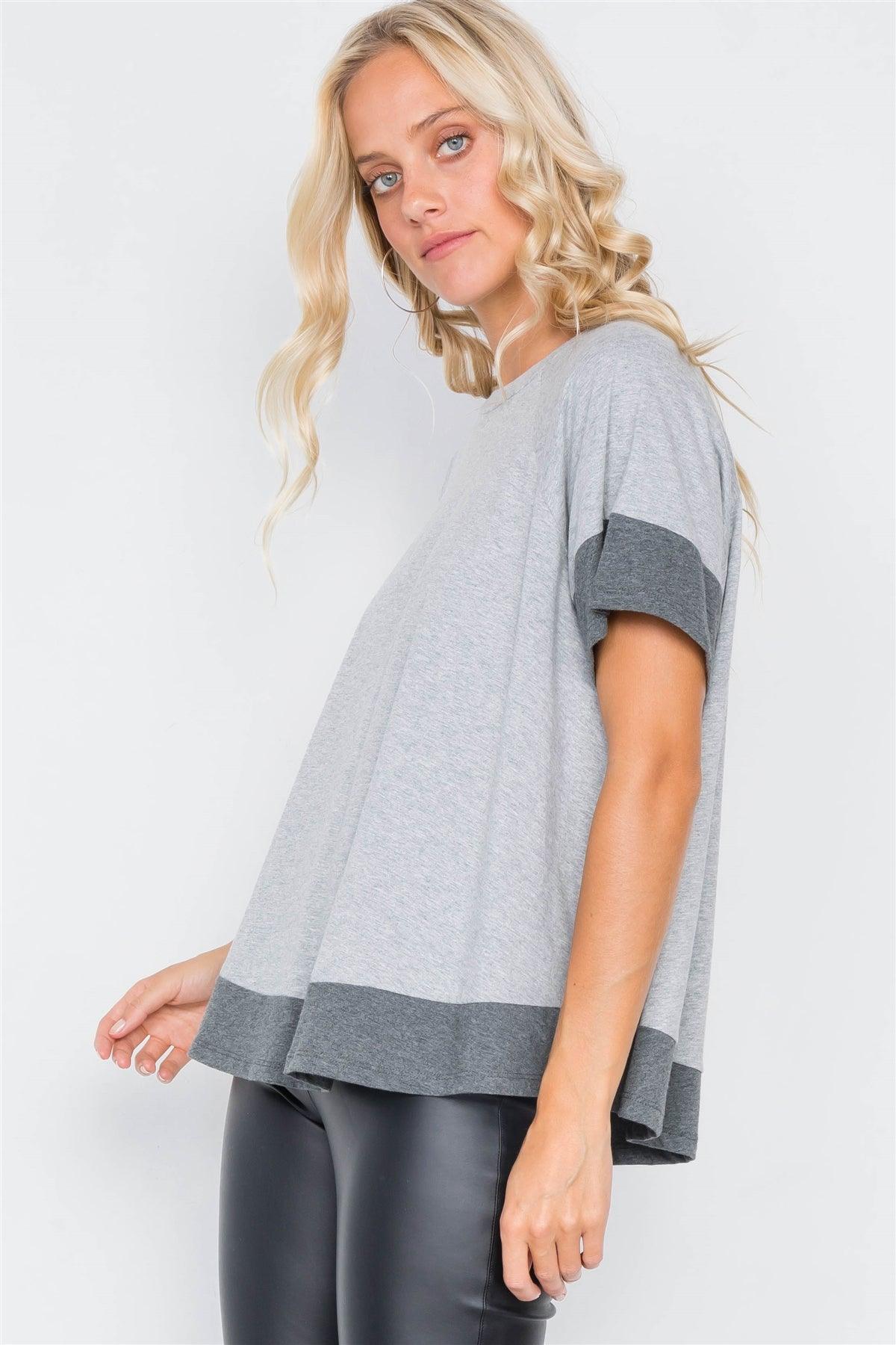 Grey Contrast Trim Flare Cotton Tee  /3-2-1