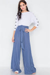 Satin Indian Blue Wide Flare Leg Hight-Waist Pants /3-2-1