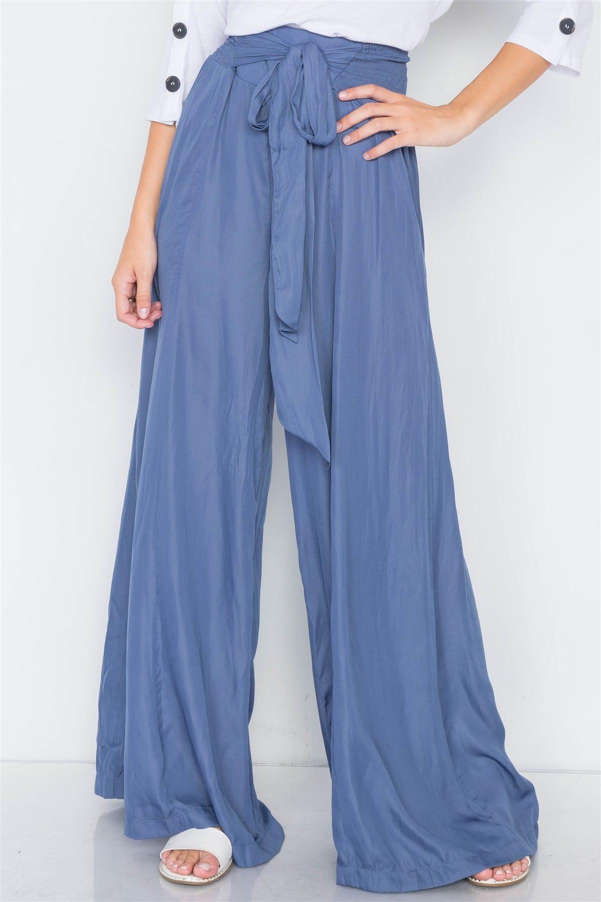 Satin Indian Blue Wide Flare Leg Hight-Waist Pants /3-2-1