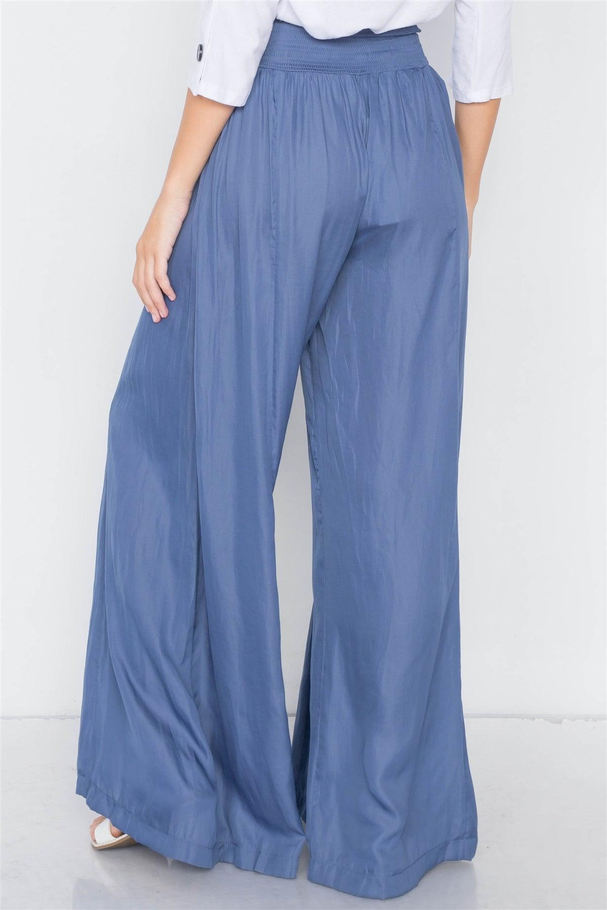 Satin Indian Blue Wide Flare Leg Hight-Waist Pants /3-2-1