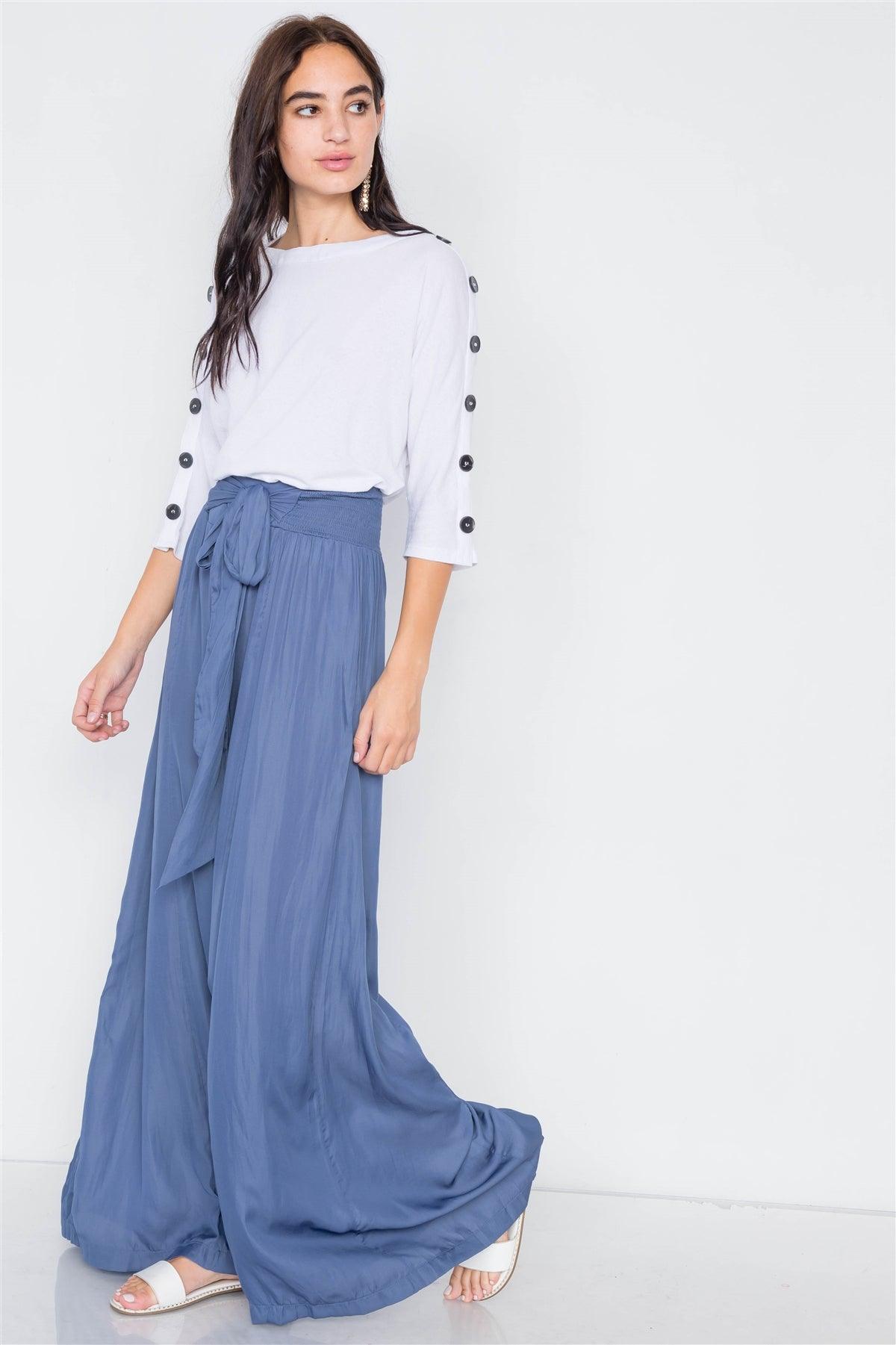 Satin Indian Blue Wide Flare Leg Hight-Waist Pants /3-2-1