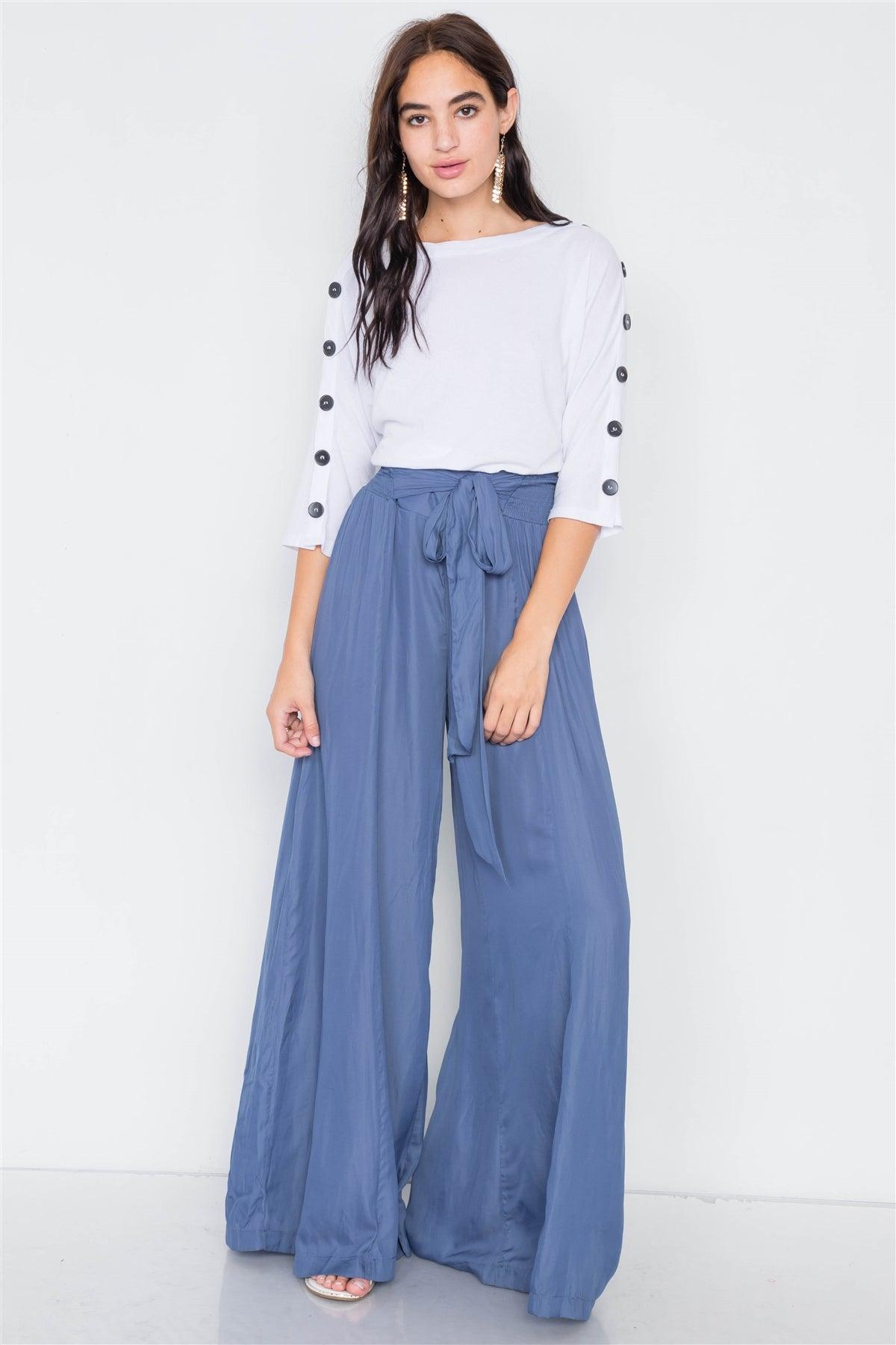 Satin Indian Blue Wide Flare Leg Hight-Waist Pants /3-2-1