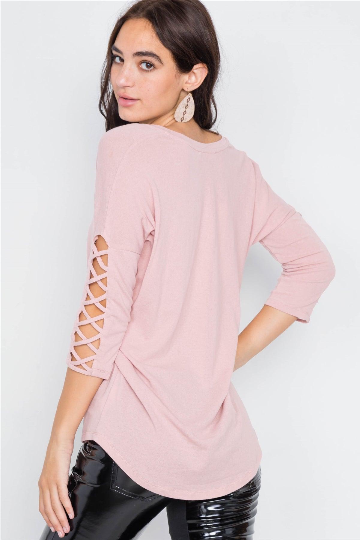 Dusty Pink Drop Shoulder Braided Sleeve Round Hem Top /3-2-1