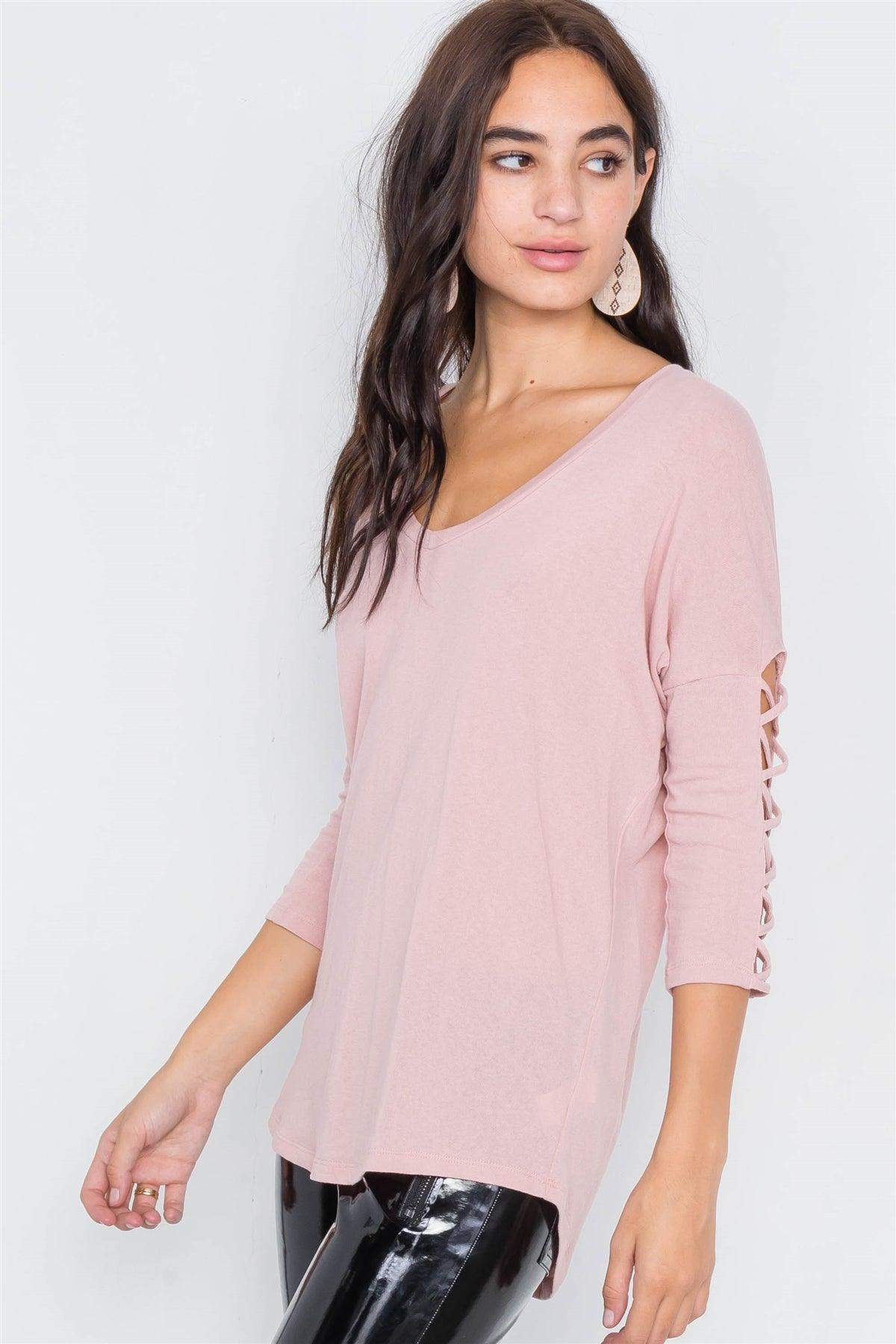 Dusty Pink Drop Shoulder Braided Sleeve Round Hem Top /3-2-1