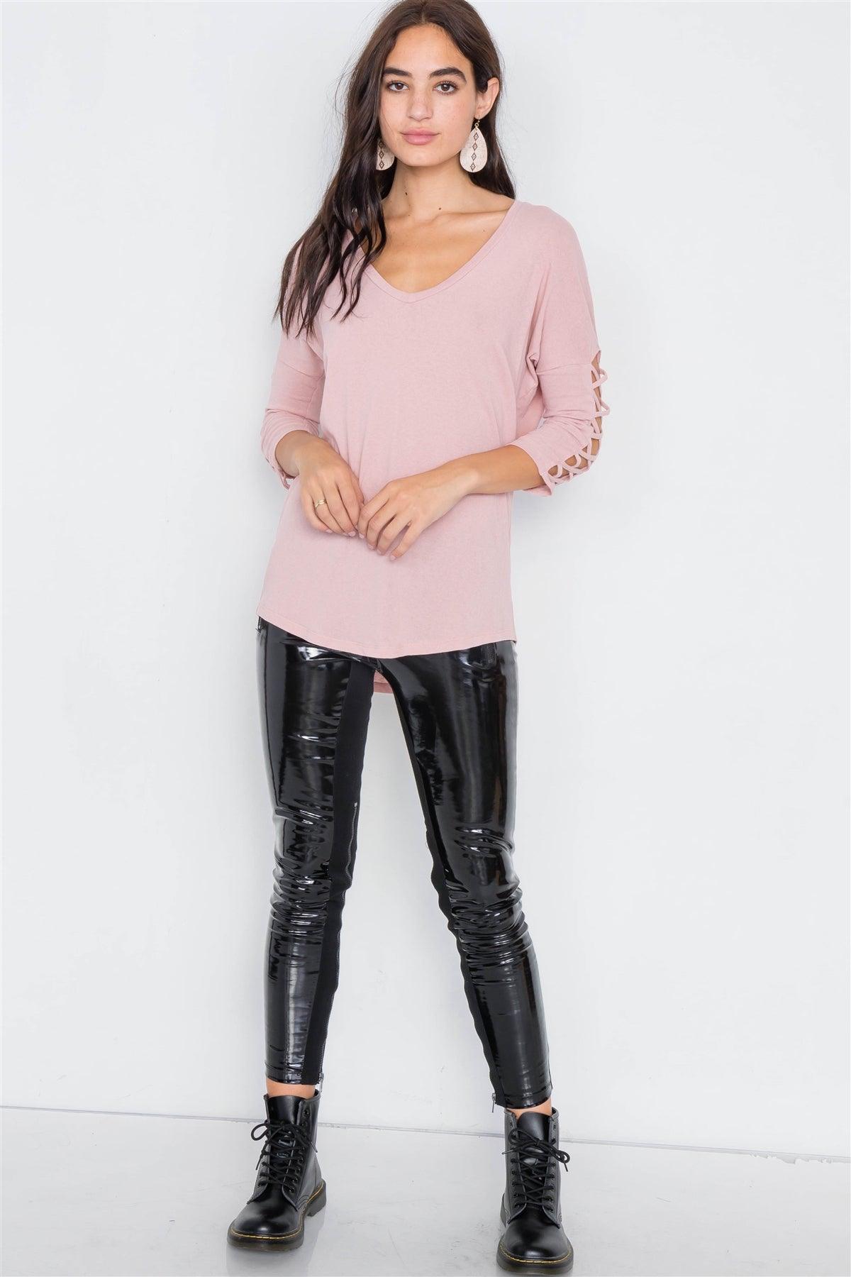 Dusty Pink Drop Shoulder Braided Sleeve Round Hem Top /3-2-1