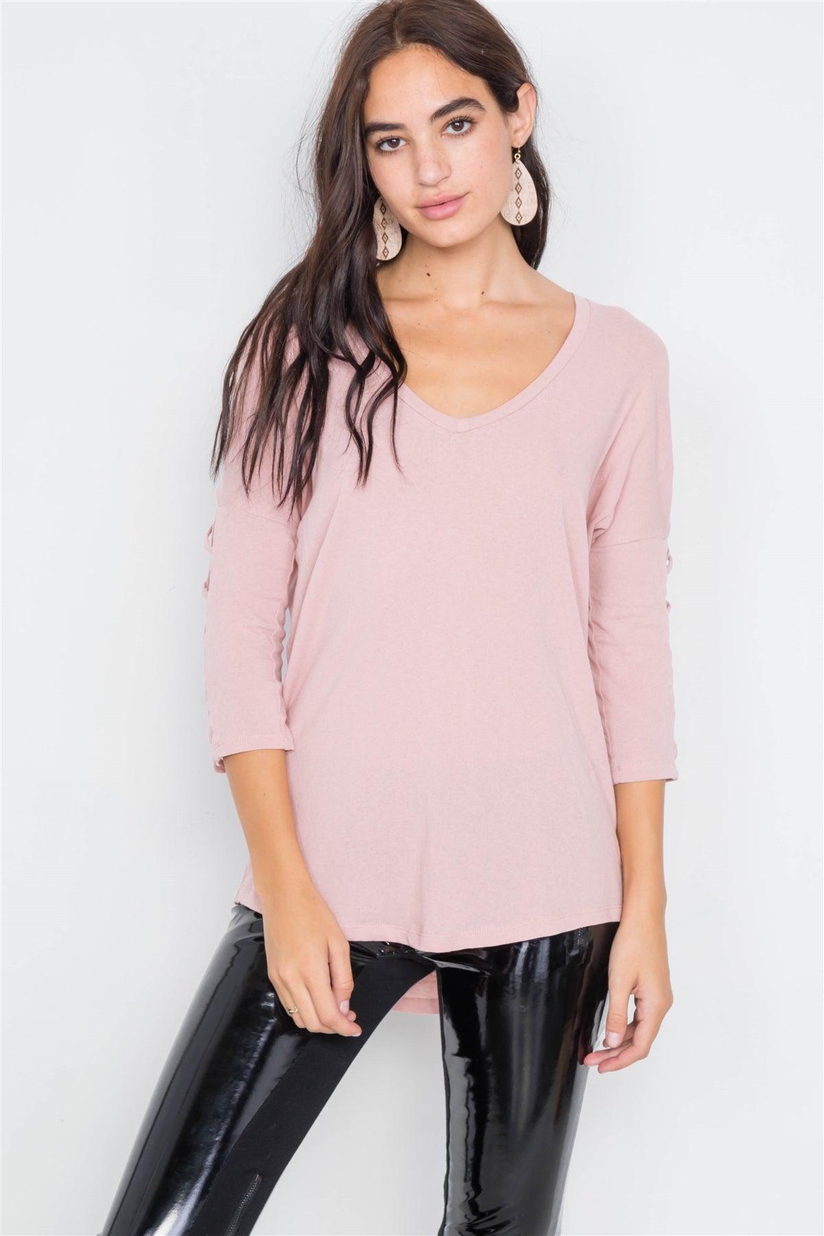 Dusty Pink Drop Shoulder Braided Sleeve Round Hem Top /3-2-1