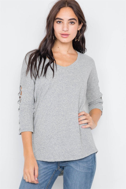 Heather Grey Drop Shoulder Braided Sleeve Round Hem Top /3-2-1