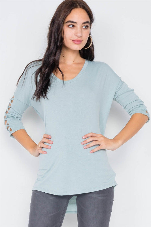 Sage Drop Shoulder Braided Sleeve Round Hem Top /3-2-1