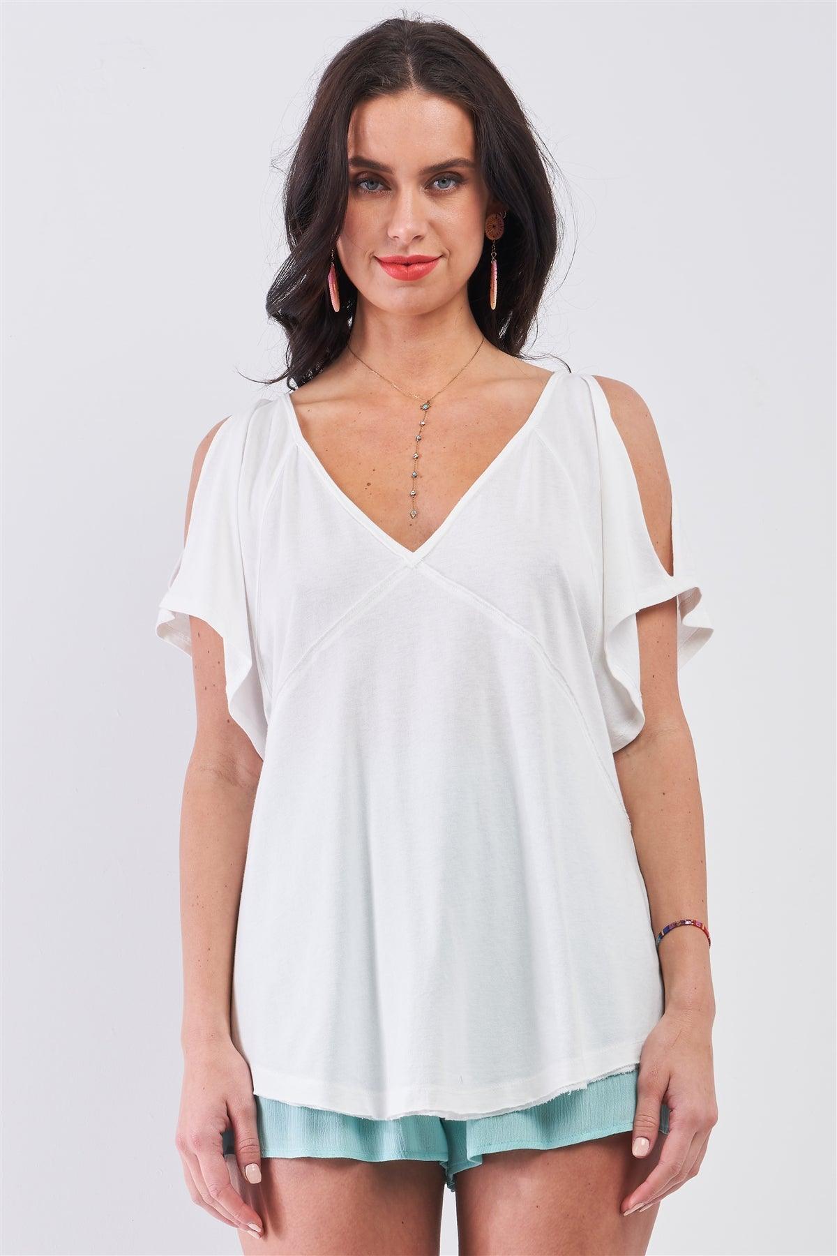 White Cut-Out Shoulder Raw Hem Detail V-Neck Loose Fit Top /3-2-1