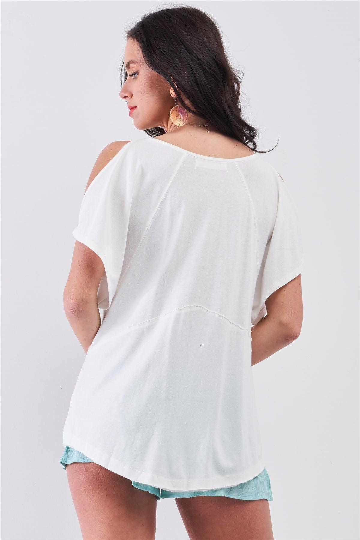 White Cut-Out Shoulder Raw Hem Detail V-Neck Loose Fit Top /3-2-1