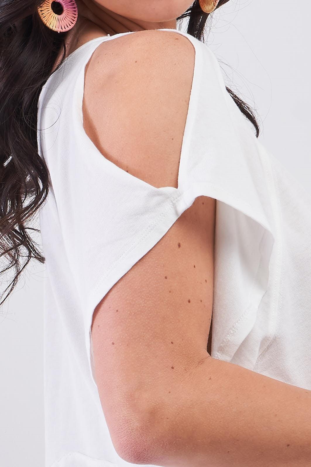 White Cut-Out Shoulder Raw Hem Detail V-Neck Loose Fit Top /3-2-1