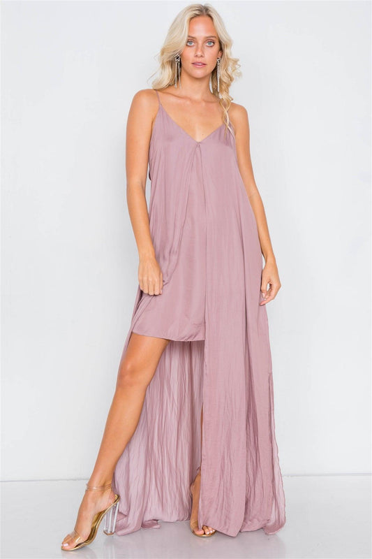 Dusty Mauve V-Neck Satin Cape Mini Dress /3-2-1