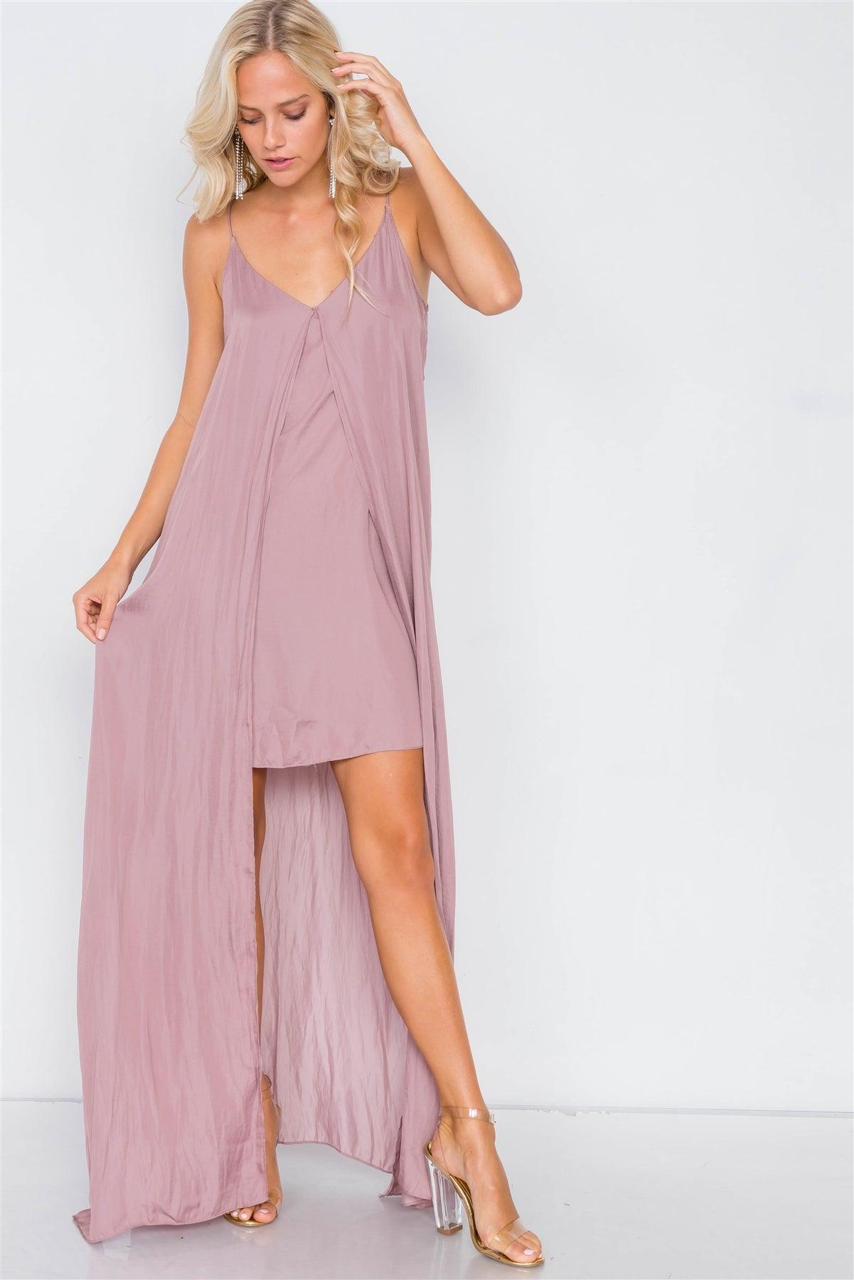 Dusty Mauve V-Neck Satin Cape Mini Dress /3-2-1